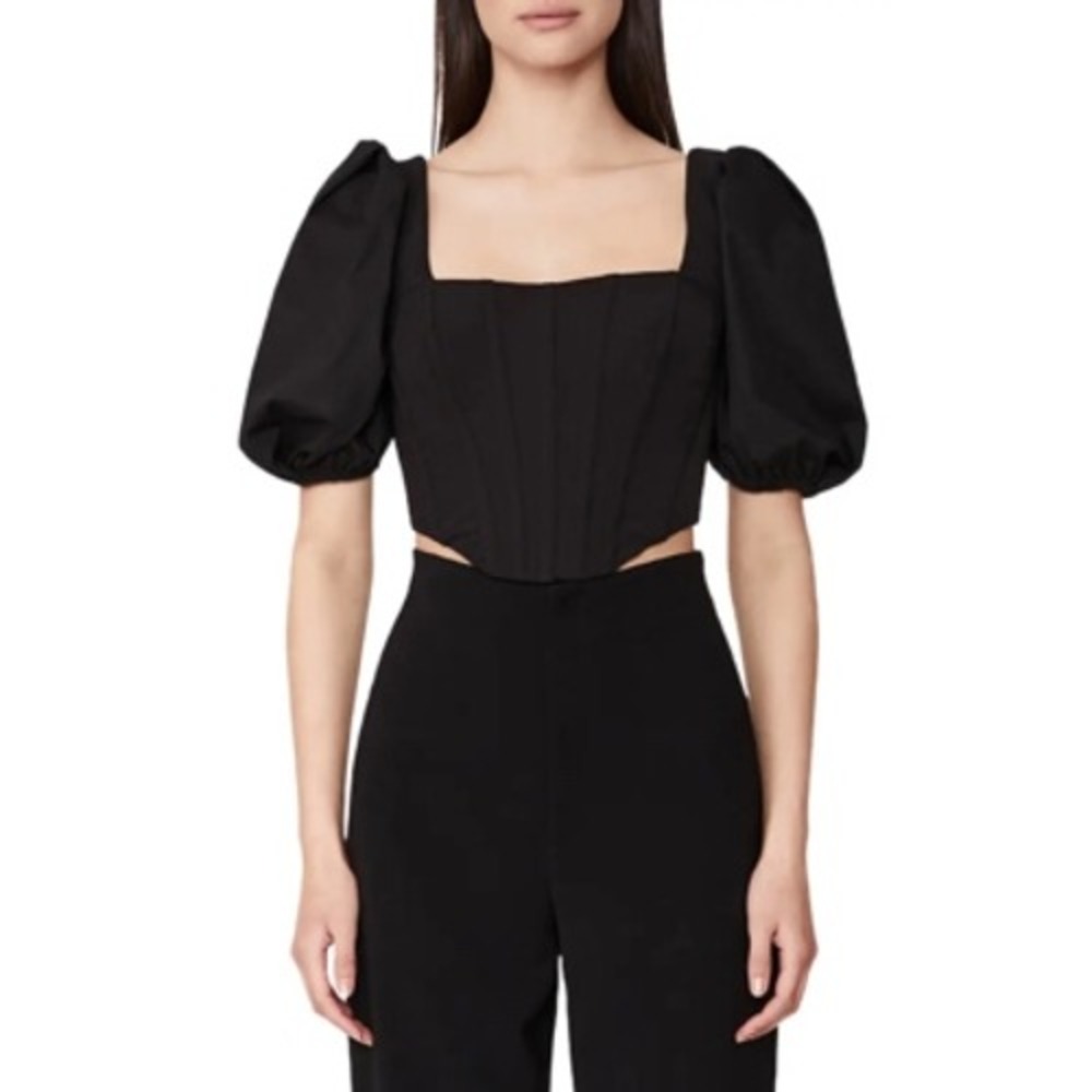 Bardot Black Puff Sleeve Corset Top Square Neck Boned Bodice Size 4 Small